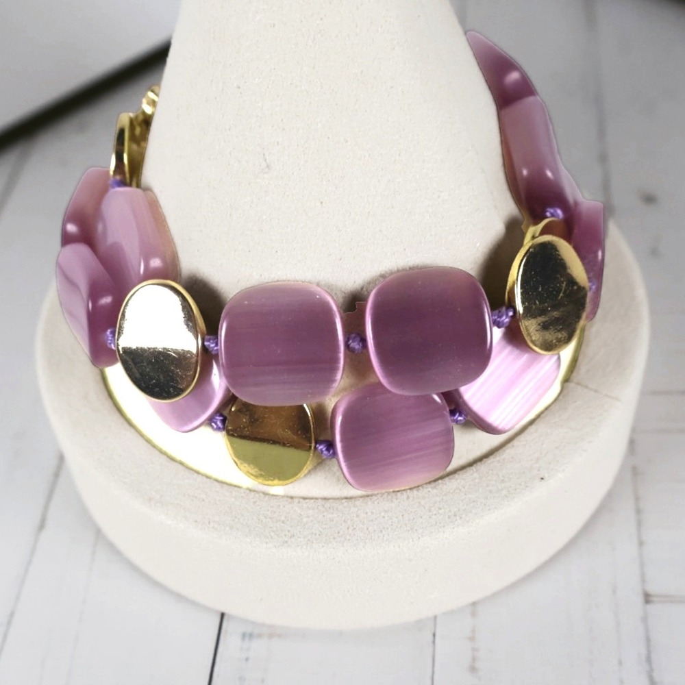 Talbots NWOT Radiant Orchid Purple Cats Eye Link Gold Adjustable Toggle Bracelet - Picture 3 of 4